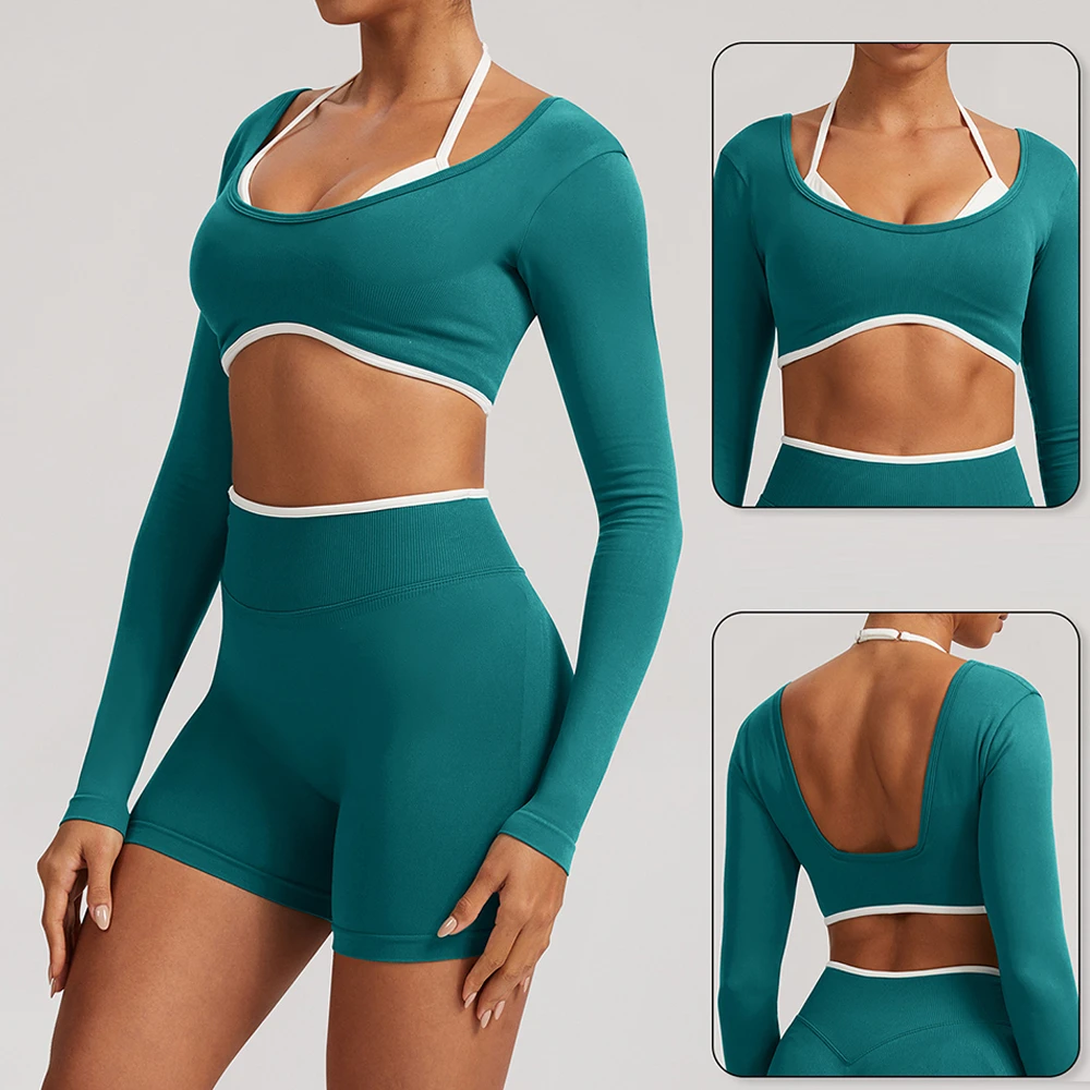 Bulk Seamless Hollow Out Back Yoga Sports Long Sleeve Top for Women Outfit Color Block Yoga Slim Fit Crop Fitness Running Top