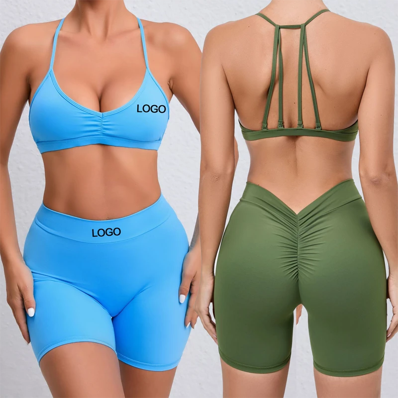 Factory Wholesale Customized 2Pcs Women Sportswear Set Sexy Sports Bra Quick Dry Scrunched Back Yoga Shorts Workout Clothing