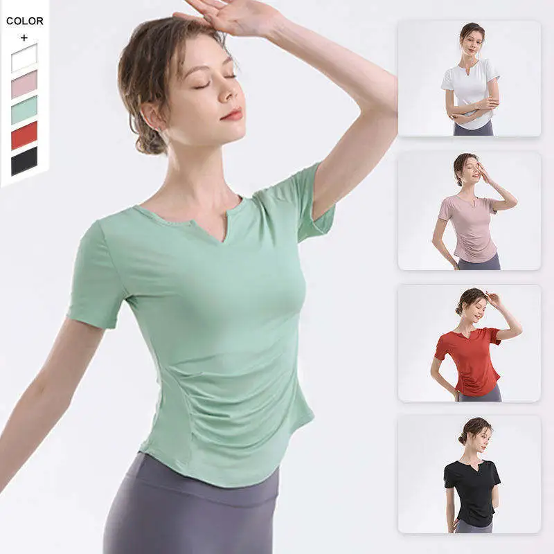 High Quality Seamless Breathable Quick-Dry Pilates Workout T-Shirt V-Neck Fold Design Front Logo Yoga Exercise Top for Women