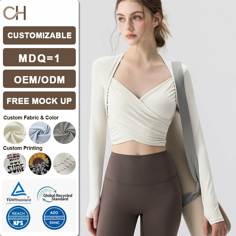 Womens V-Neck Long Sleeve Cross Wrap Top Slim Fit Soft Knit Layering Shirt Casual Yoga Gym Bandage Tie Tops