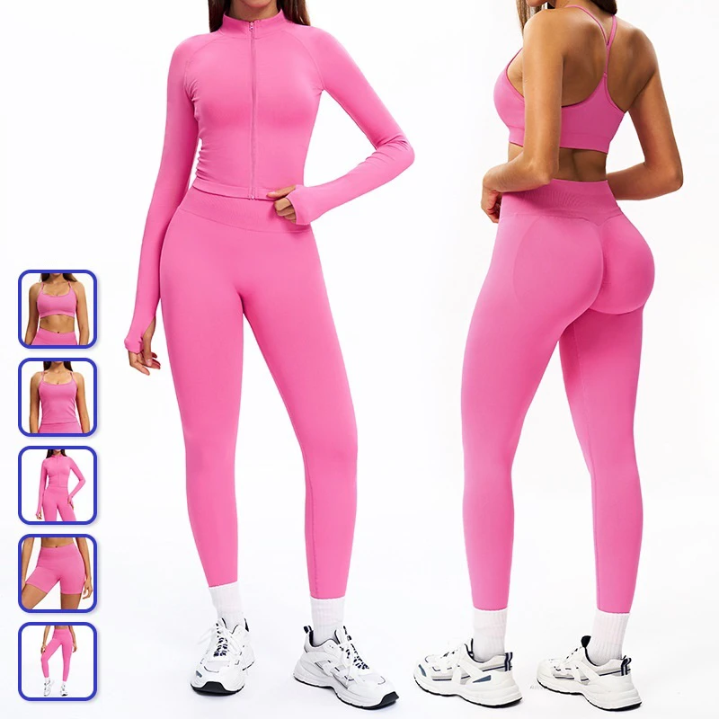 Design Solid Activewear Outfits Set Seamless Butt Lift Yoga Leggings Padded Bra and Running Jacket Sportwear Front Logo
