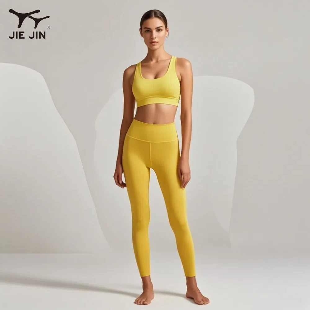 JIEJIN Private Label Outdoor 2 Pieces Elastic Slim Fit Gym Fitness Set Active Wear Set Women