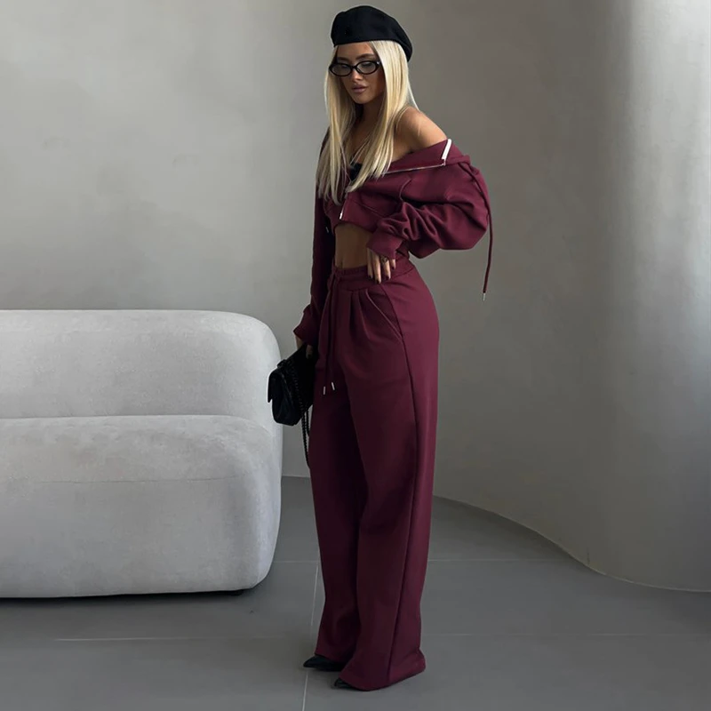 Wholesale Women's Sets Solid Color Long Sleeve Zipper Hoodie Elastic Drawstring Pants Yoga Set