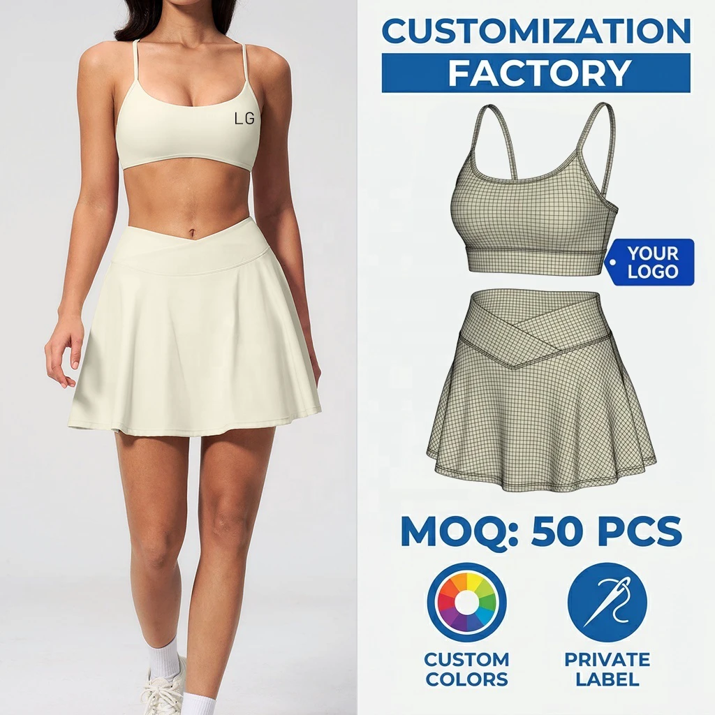 Custom Stitched Tennis Skirt Set Women V-Waist Yoga Bra And Flared Skort Two Piece Athletic Gym Sportswear Workout Suits