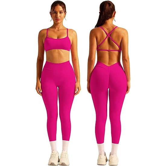 Ribbed Texture Yoga Set Women Square Neck Sports Bra High Waist 7/8 Length Leggings Side Pockets Scrunch Booty Nylon Spandex