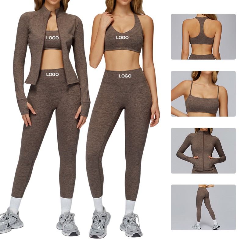 Wholesale Fitness Clothes For Gym Wear Women Sets 3 Pieces Yoga Jackets Workout Leggings Sports Bras Top Sportswear Set