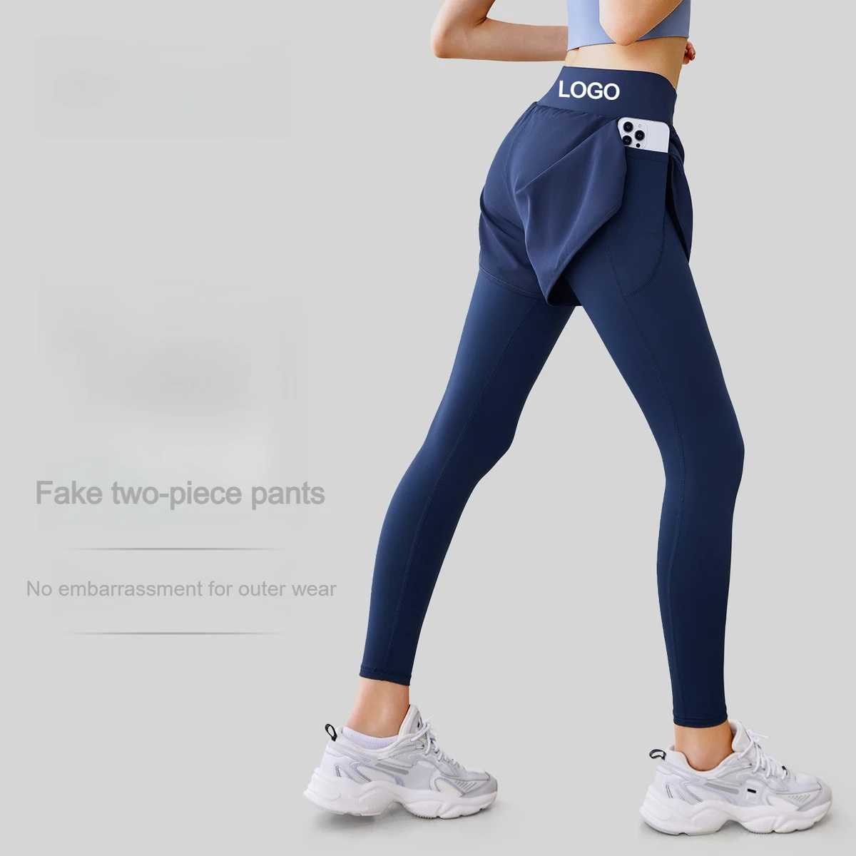 Custom LOGO 2-in-1 Skirted Yoga Pants With Pocket High Waist Butt Lifting Running Leggings