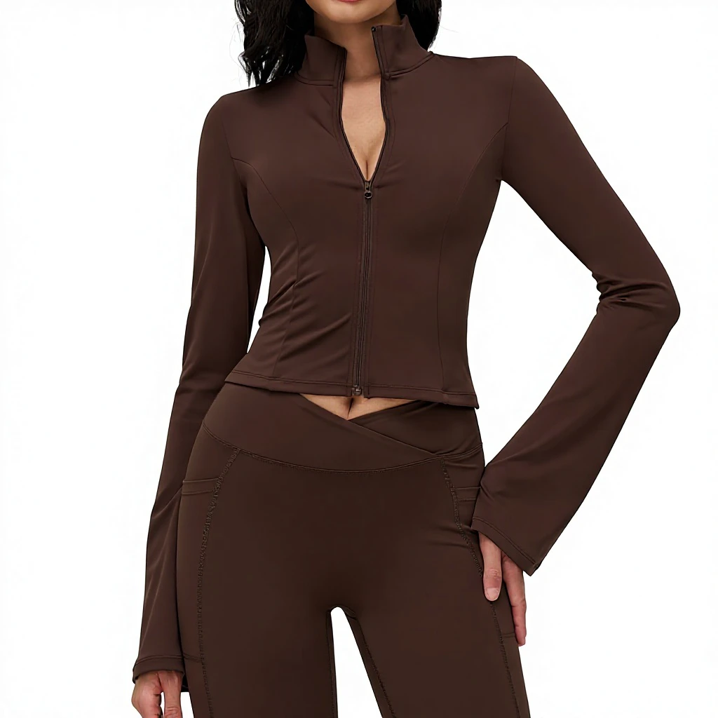 Yali Naked Yoga Jacket Vertical Collar Zipper Trumpet Sleeve Spandex/Nylon Sweat-Wicking Tight-Fitting Fashion Outdoor Top