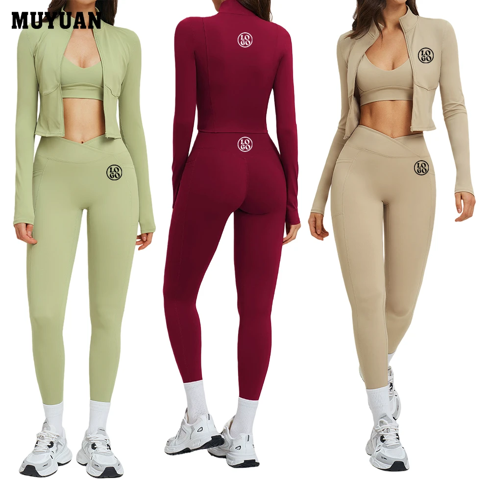 Women Naked Feel Yoga Set High Leggings Cross Back Bra Long Sleeve Zipper Jacket 3 Piece Workout Gym Fitness Wear