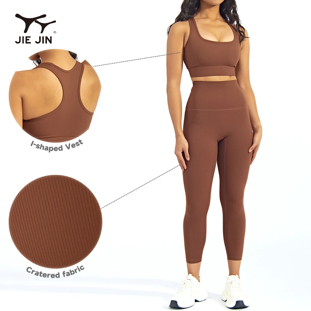JIEJIN Wholesale Women Gym 2 Pieces Bamboo Knitted Rib Fitness Yoga Active Wear Bra Leggings Set
