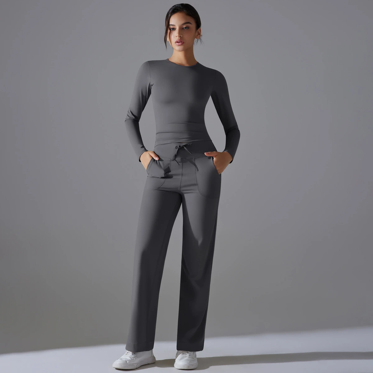 Lightweight Nylon Two-Piece Yoga Suit Double-Sided Long-Sleeved High Waist Wide Leg Solid Color Breathable Four-Way Stretch