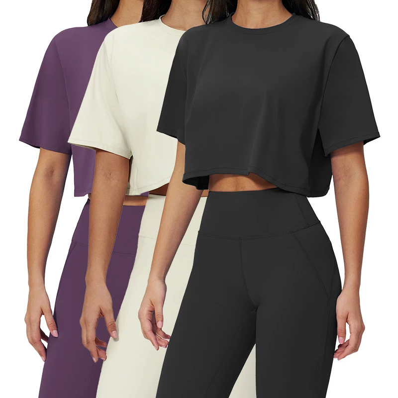 FDX3091 Women's Sports Short Sleeve Yoga T-shirt Crew Neck Loose Fit Sweat-Wicking Breathable Lightweight Cropped Workout Top