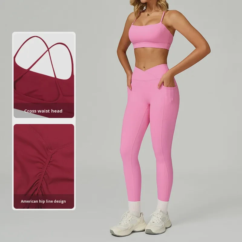 Women's Yoga Fitness Set Cross-Border Sport Bra with Pocket Legging v Shape Yoga Legging