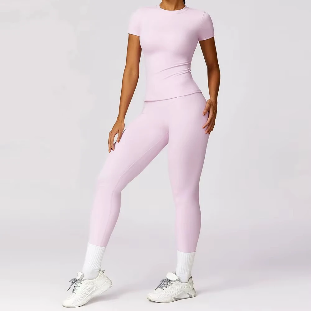 Custom Recycled Sweat-Wicking Short Sleeves Slim Fit Yoga T Shirts Tops Quick Dry Gym Pants Fitness Leggings 2 Piece Yoga Sets