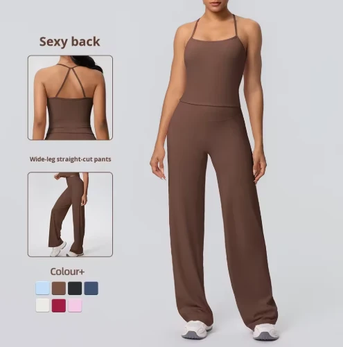 Barely There Double-Sided Solid High-Waisted Nylon Sport Yoga Set Beauty Back Tight-Fitting Breathable Wide-Leg Outfit