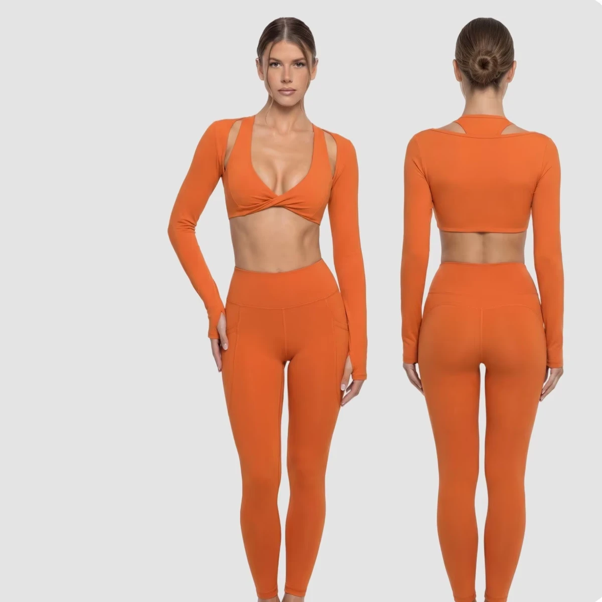 Nude-Feel Solid Women's Yoga Long-Sleeve Two-Piece Set Quick-Dry Skin-Friendly Wrinkle-Resistant Sports Fitness Outdoor Workout