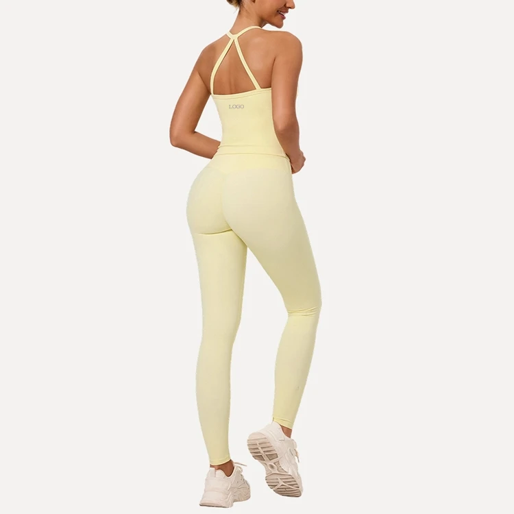 Custom Women Cross Back Yoga Set Sleeveless Sports Tank High Waist Leggings Breathable 2 Piece Fitness Outfit for Gym Daily Wear