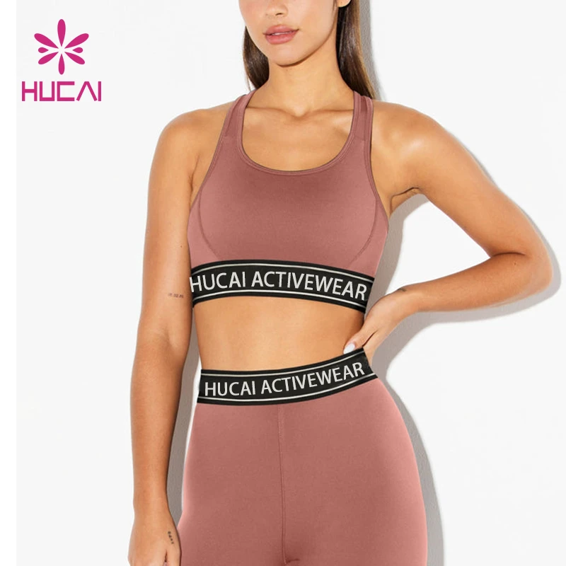 HUCAI OEM Nylon Spandex U Neck Backless Custom logo Waistband High Support Training Fitness Workout Sports Bra for Women
