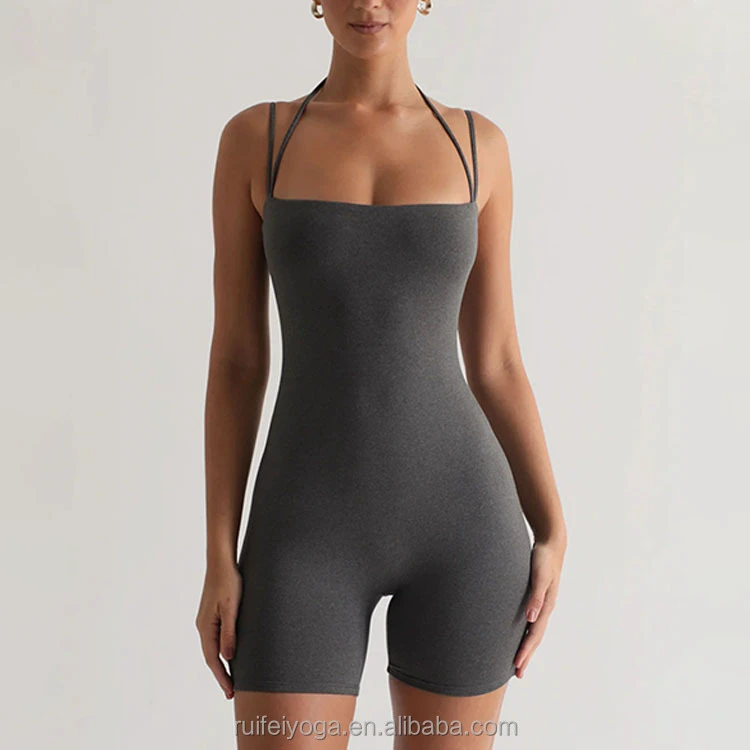 High Quality Knitted Slim Fit Double String Crossback Sports Workout Gym Fitness Women One Pieces Bodysuit Jumpsuit Yoga Romper