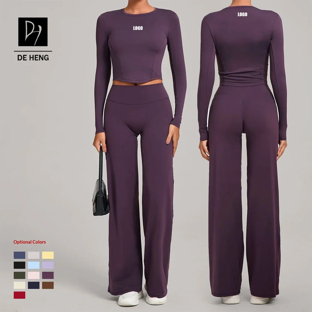 Custom Yoga Crop Long Sleeve Quick Drying Gym Fitness Workout Sports Wide Leg Pants 2-Piece Set for Women