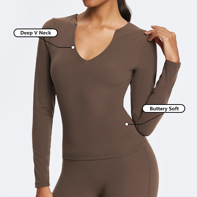 Wholesale Women Compression Sports Tight Yoga Shirt Elastic Slim Training Deep V-Neck Long Sleeved Top Skin Friendly Yoga Top