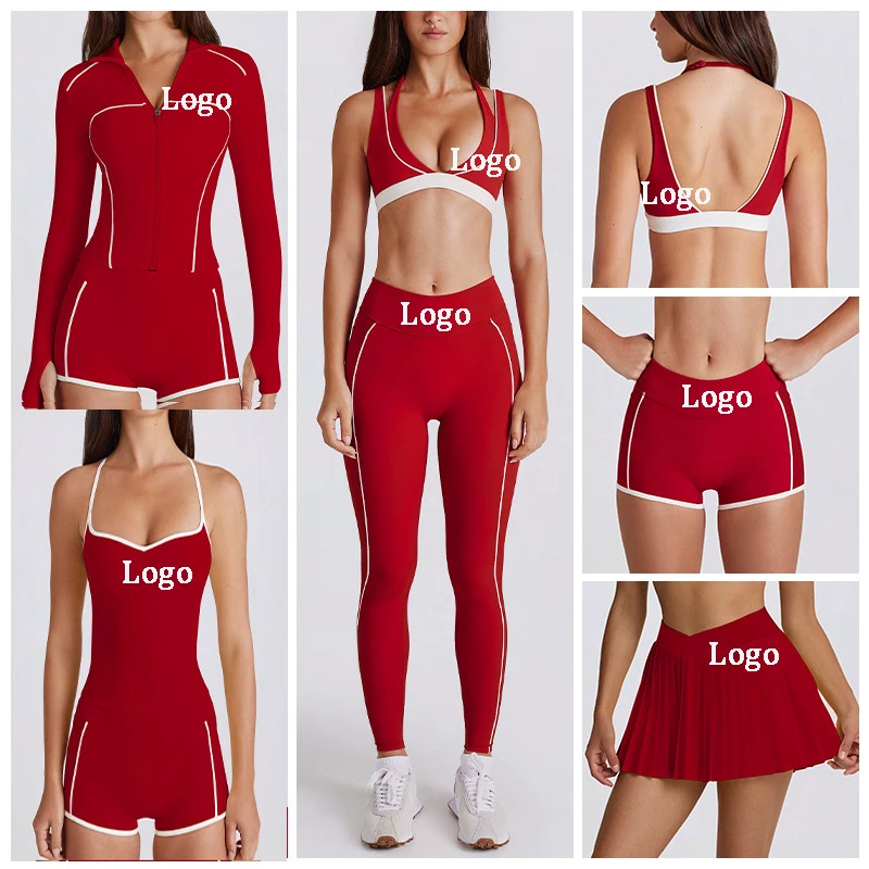 FLW Yoga Wear Six-Piece Set Color-Block Solid Front Zip-Up Jacket Pleated Skirt Short Shorts Long Pants Long Sleeve Short Sleeve