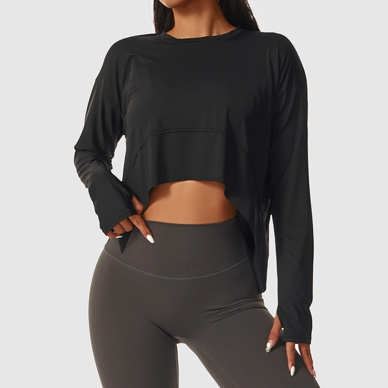 Light Weight Cotton Spandex Comfortable Yoga Workout Long Sleeves Tee Shirt Tops for Women With Thumble Hole