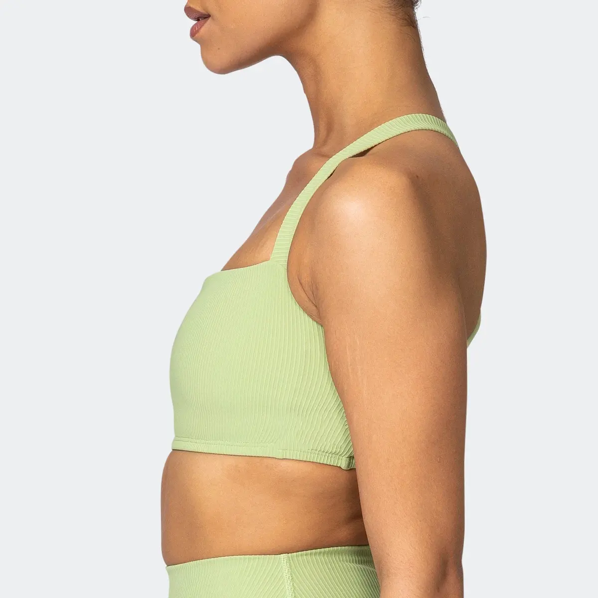 Women's Light Green Ribbed Square Neck Spaghetti Strap Sports Bra Medium Support Breathable Yoga Workout Top Seamless Solid