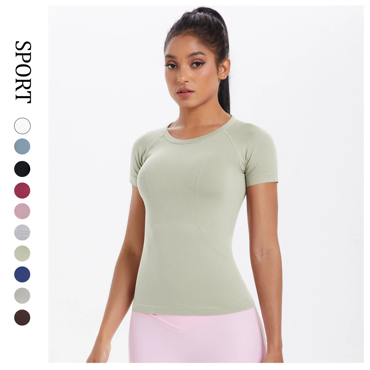 2026 Women Seamless Stretchy Crop Tops Short Sleeve T Shirts Plus Size Solid Color Workout Compression Pilates Tops Sports Wear