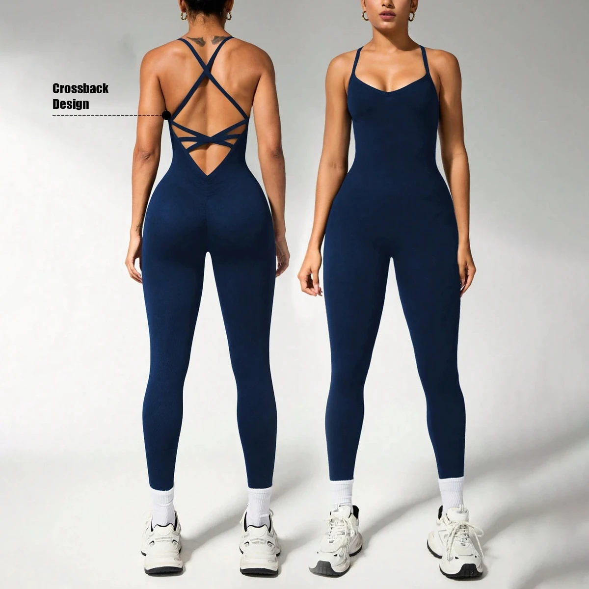 Wholesale Solid Skin Friendly Flattering Crisscross Back Sports Romper Butt Scrunch Gym Yoga Workout One-Piece Woman Jumpsuit