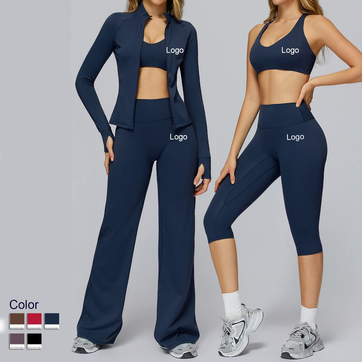 Custom Women 5 Piece Workout Set Jacket Sports Bra Shorts Pants Yoga Activewear