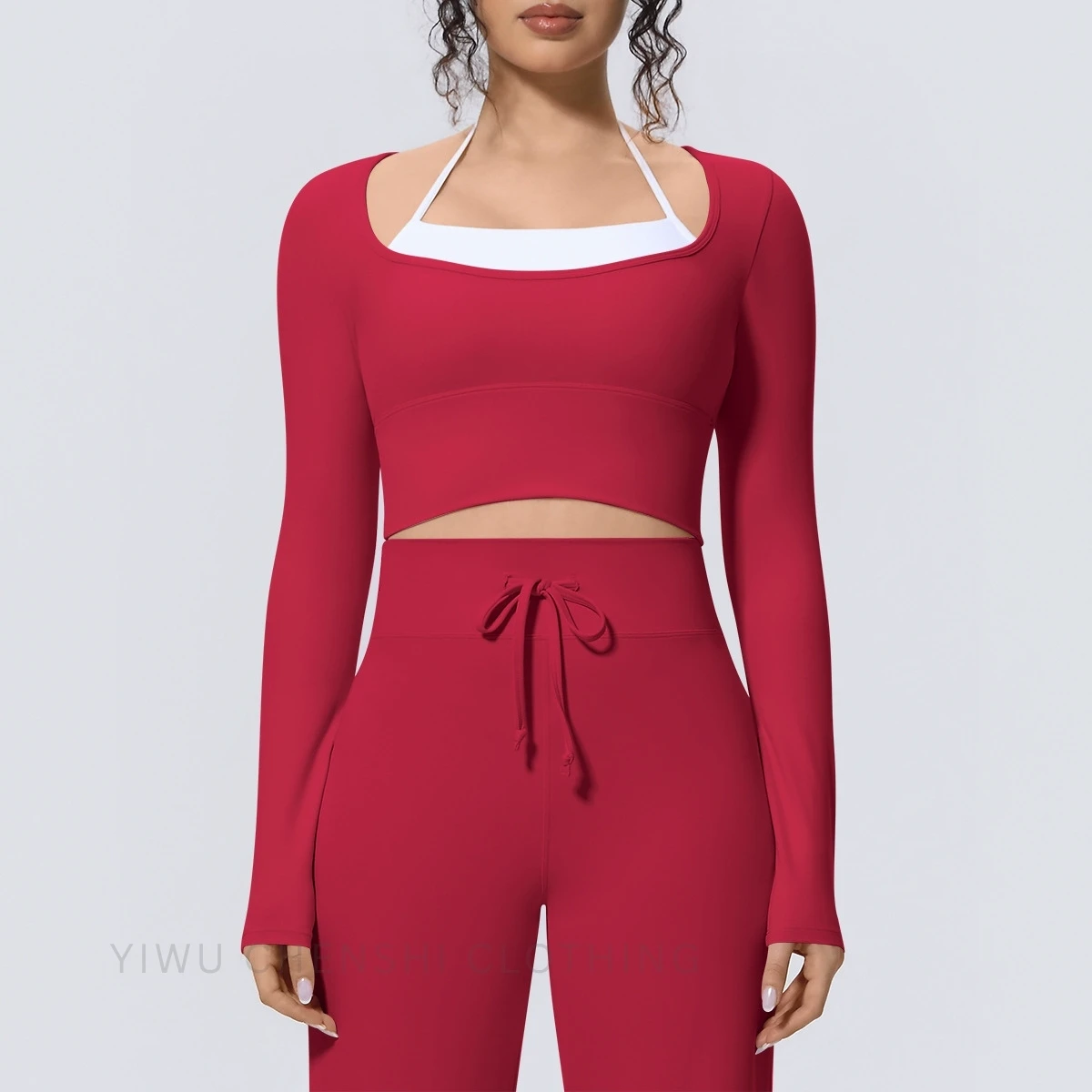 Women Yoga Top Long Sleeve Halter Neck Faux Two-Piece Sports Shirt Slim-Fit Cropped Activewear Casual Fitness Running Clothing