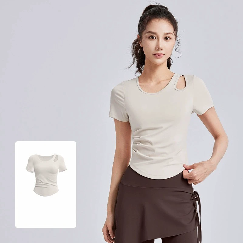Women Sexy Hollow Out Shoulder Yoga T-shirt Ruched Waist Slim Fit Short Sleeve Gym Workout Tops