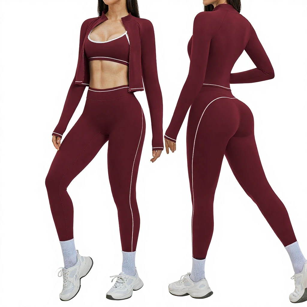 Custom Logo Hot Selling Line Yoga Fitness Set Zipper Windproof Slim Fit High Waist Print Solid Outdoor Running 6-Piece 3562
