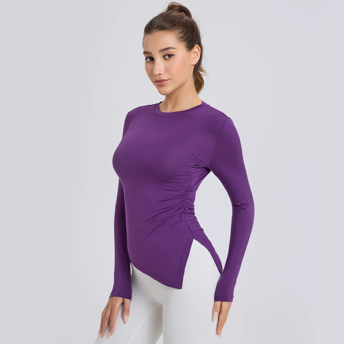 Modal Yoga Blouse Round Neck Split Blouse Pleated Slim Sports Blouse Women's Long-sleeved Yoga Clothes