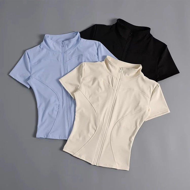 Zip up Gym Jacket Women Short Sleeve Slim Fit High Elastic Moisture Wicking Yoga Top for Outdoor Running Fitness Wear