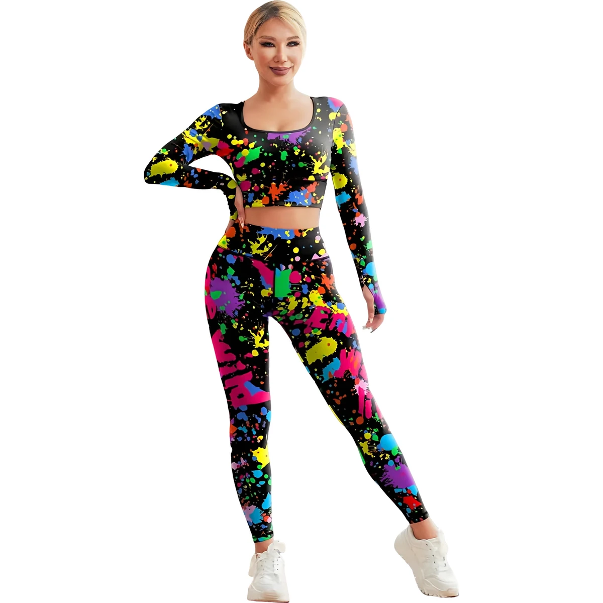 Women's Cross-border European American Fashion Breathable Quick Dry Printed High-Elastic Sports 2-Piece Long-Sleeve Set