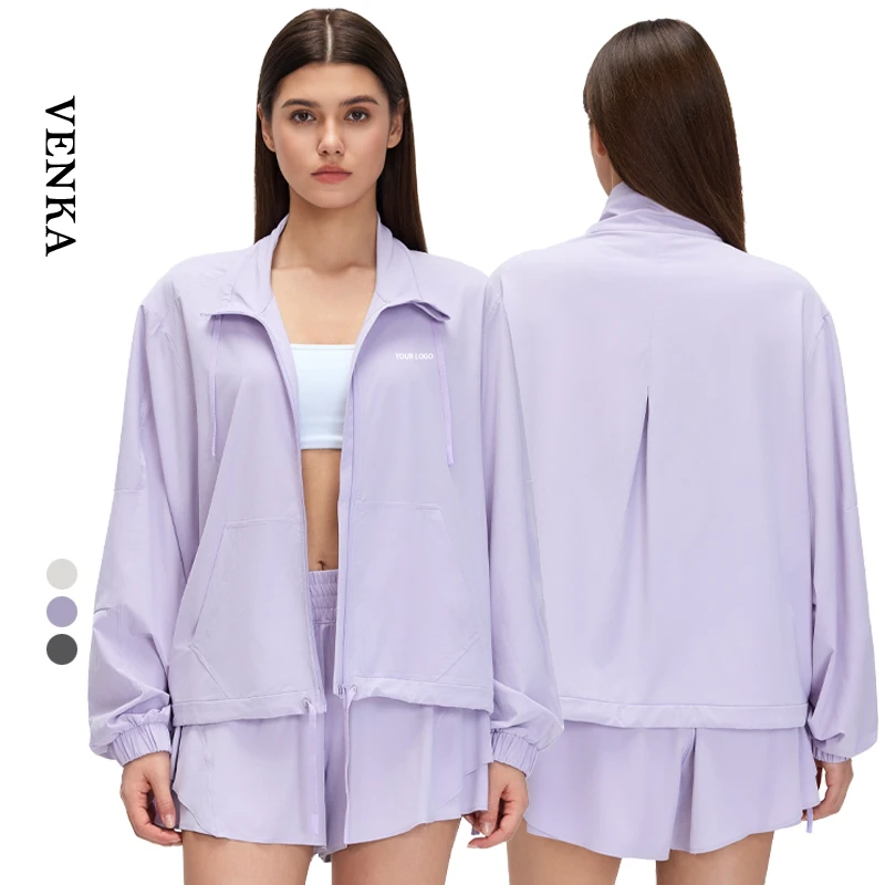 Women Sporty Fitness Athletic Wear Lightweight Stand Collar Zip-Up Long Sleeves Top Loose Drawstring Hem Ladies Gym Yoga Jacket