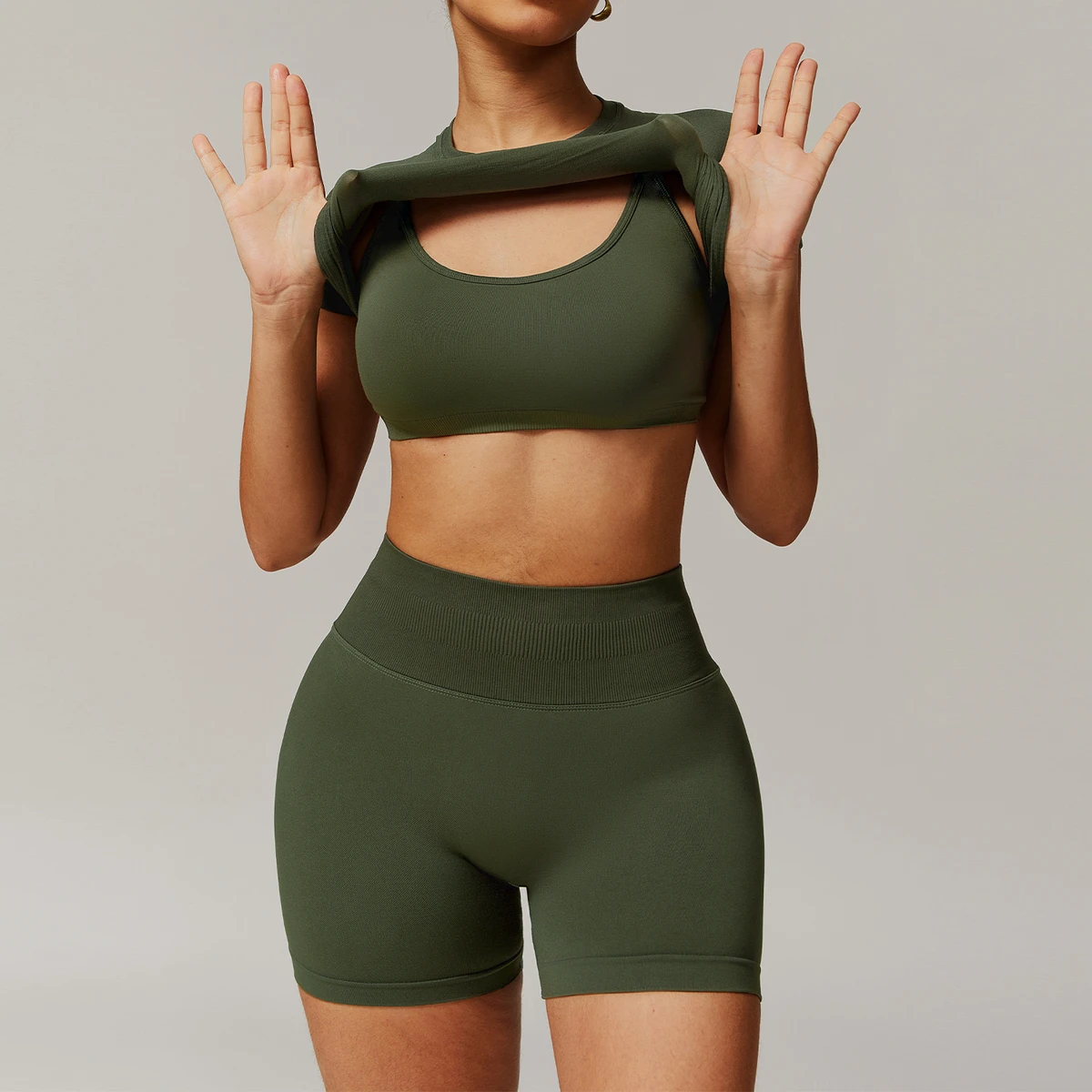Solid Seamless Threaded Tight Plus Size Yoga Suit Three-piece Set Casual Breathable Quick-drying High Waist Four-way Stretch