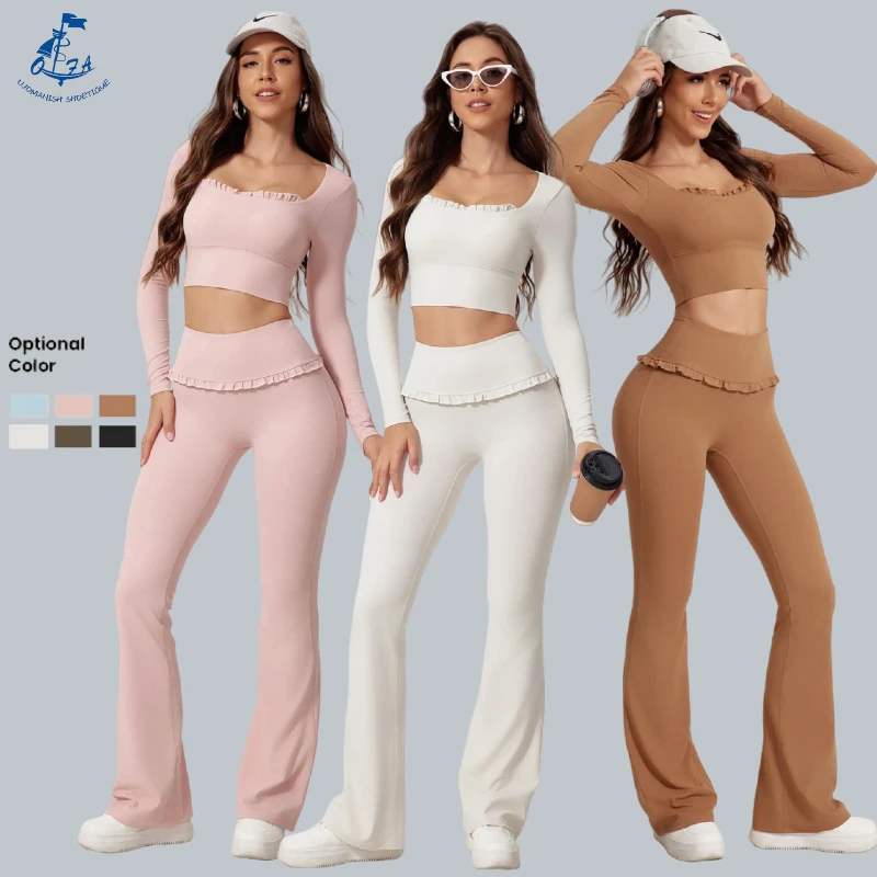 2PCS Square Collar Long-sleeved High-waist Quick-drying Trousers Yoga Suit Running Sports Fitness Running Sports Fitness Clothes