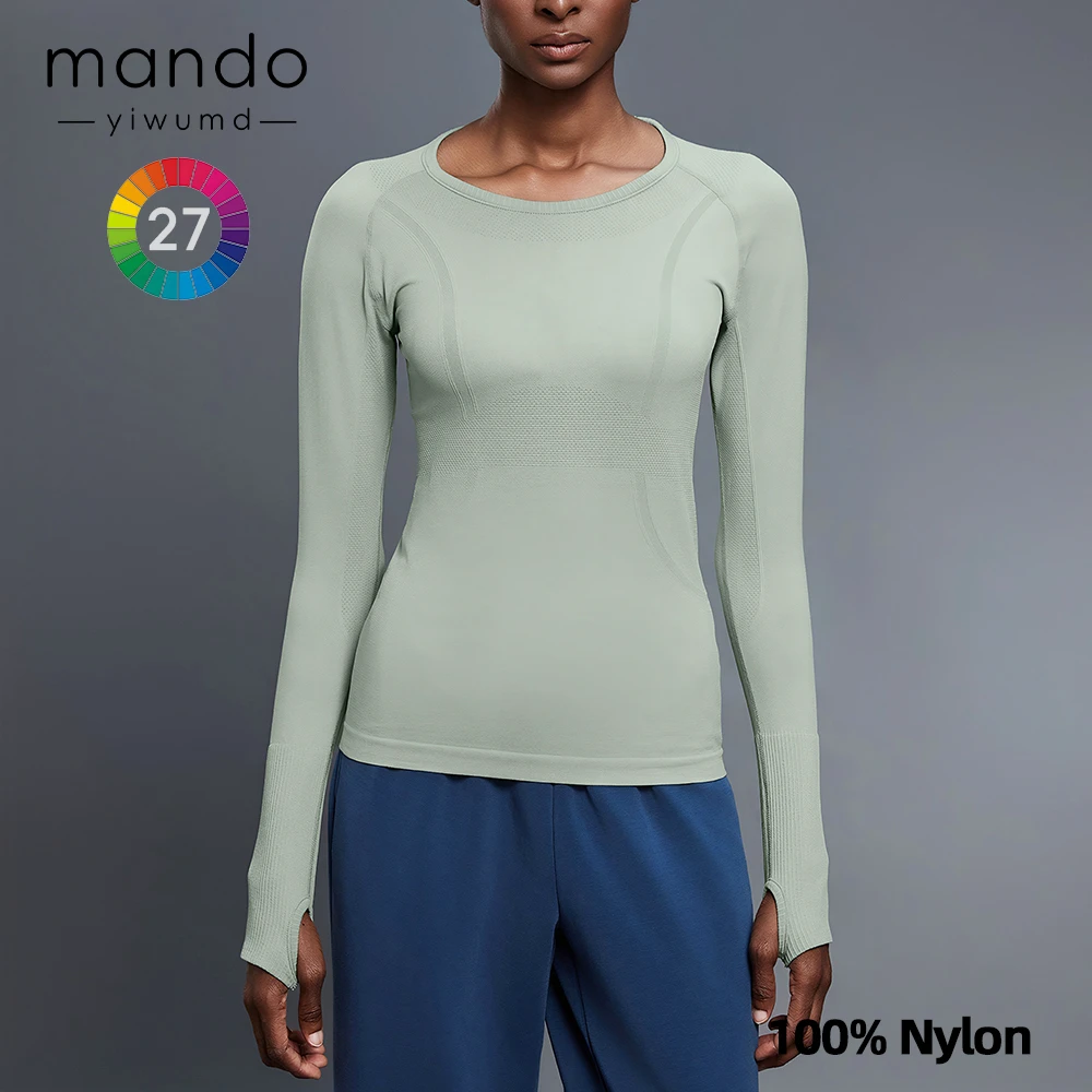 Seamless Ultralight 100% Nylon High Elasticity Long Sleeve Round Neck T-shirt Women's Gym Jogging Sports Yoga Top