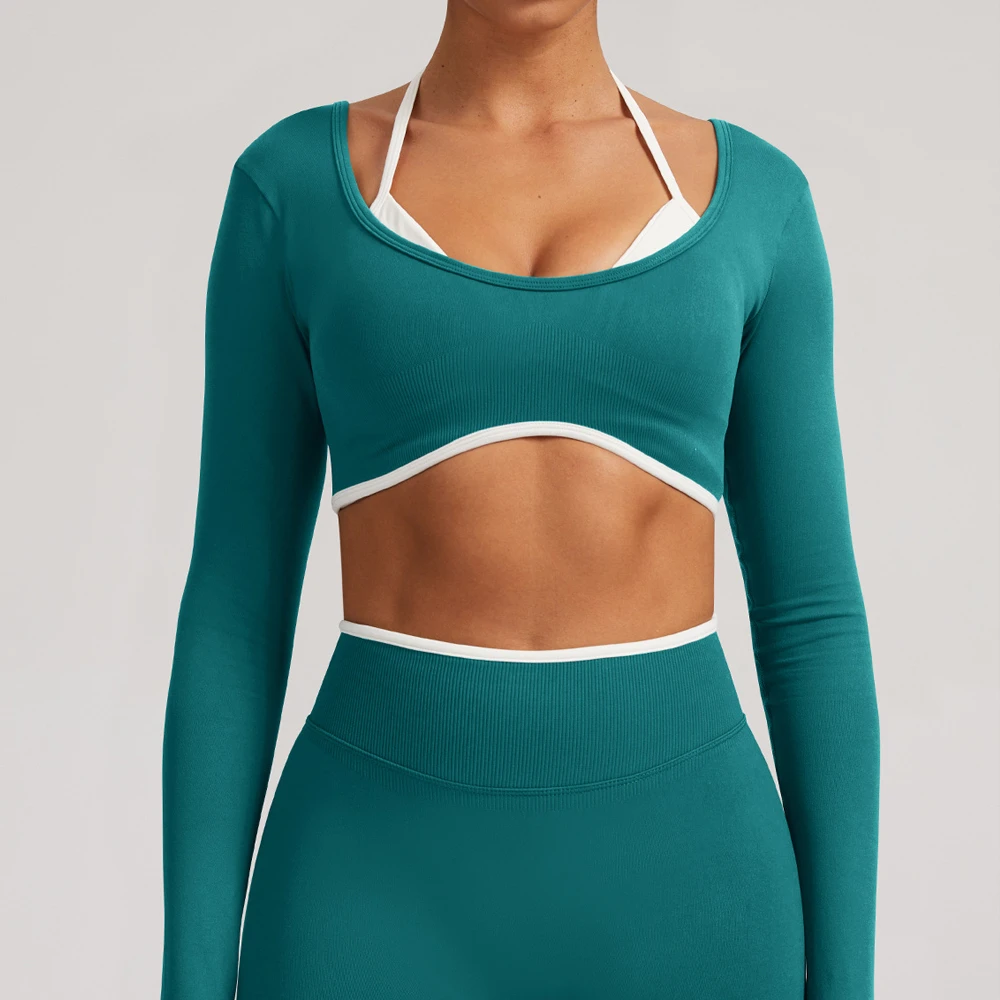 High Quality Seamless Nylon Spandex Sports Women Fitness Long Sleeve Open Back Custom Yoga Gym Crop Top