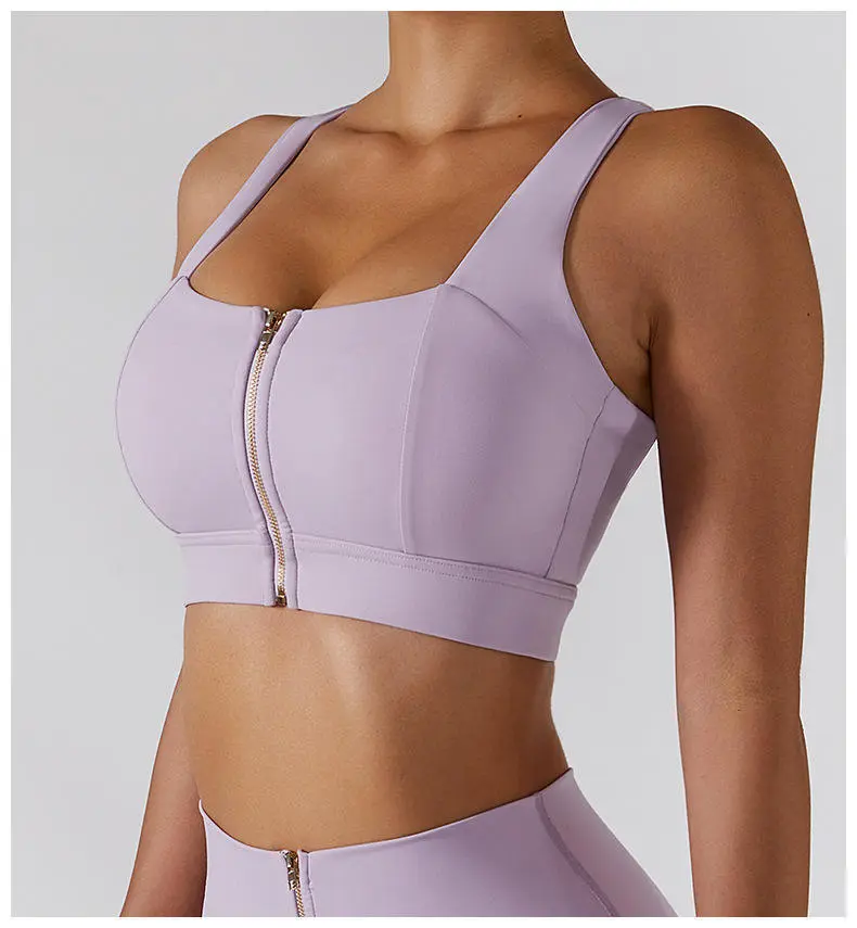 Women Front Zipper Seamed High Support Eco-Friendly Spandex/Nylon Sports Bra Breathable Sweat-Wicking Quick Dry U-NECK Removable