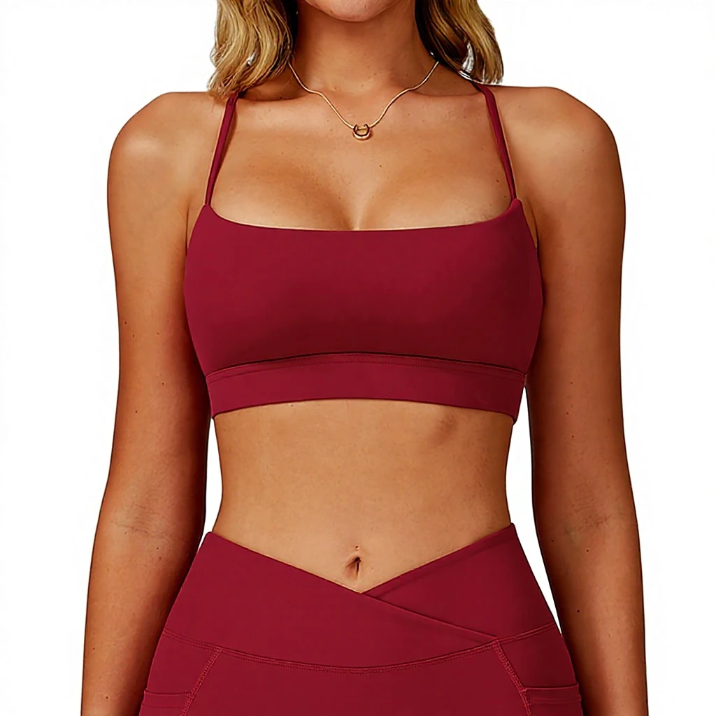 Top Class Women Sports Bra Square Neck Spaghetti Strap Medium Support Solid Color Yoga Active Wear Red Colors Fitness Bra