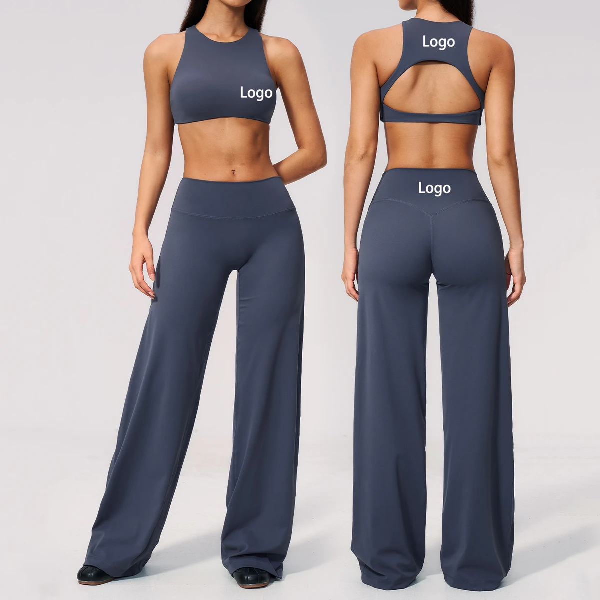 New Collection High Waist Wide Leg Yoga Pants Set Leisure Yoga Wear Pilates Tummy Control Open Back Nude Feel Gym Fitness Set