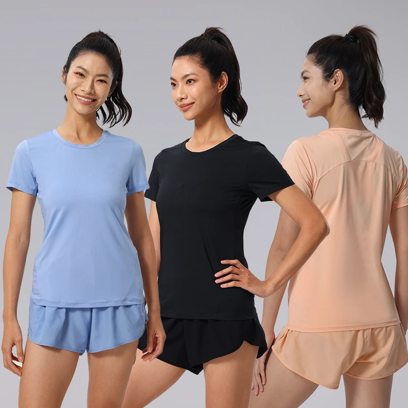 Round Neck Mesh Top for Spring Summer Sports for Yoga Fitness Running T-shirts Short Sleeved Sports Yoga Gym Top