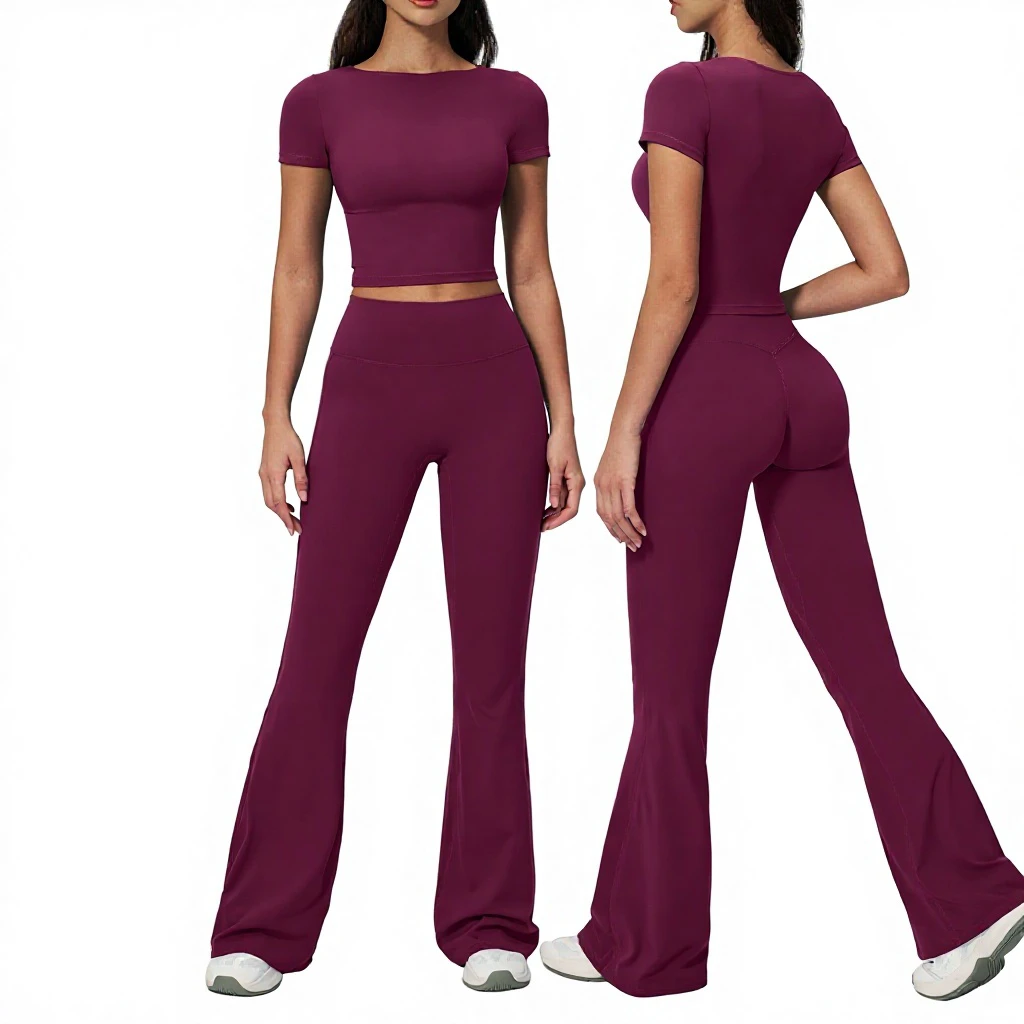 Customized Logo Yoga Set Women 2 Piece High Waist Scrunch Butt Wide Leg Pants Short Sleeve Crop Top Gym Workout Fitness Clothing