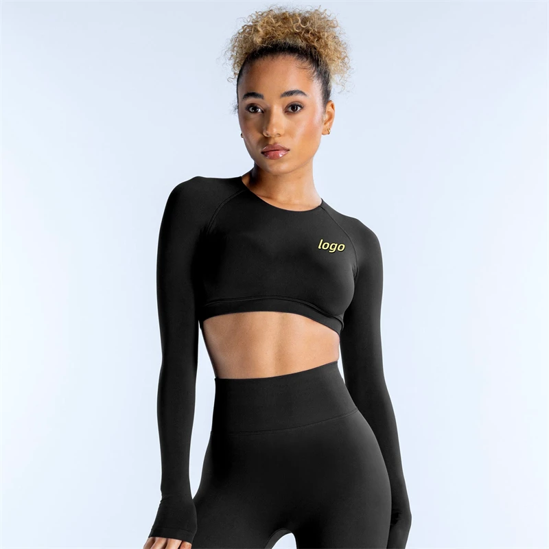 Hot Sale Women Hollow Back Long Sleeve Crew Neck Tight Yoga Sport Crop Tops Gym Pilates Running Yoga Workout Fitness Tops