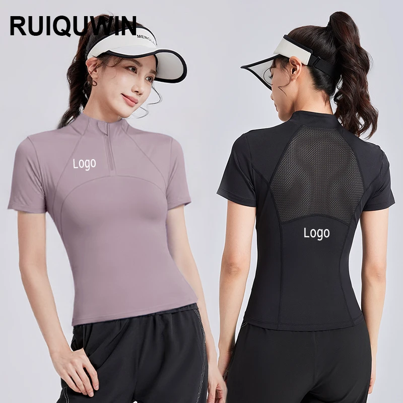 RUIQUWIN Wholesale 2025 Women's Mesh Yoga Top High Stretch Fitness Running Short Sleeve Half Zip Tight Workout Sports Shirt