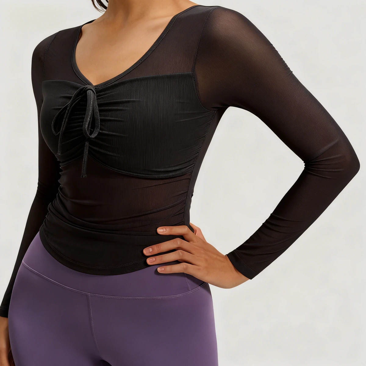 Women's Round-neck Mesh Strap Long-sleeved Top Quick-dry Sweat-wicking Yoga Sportswear with Bra Pads